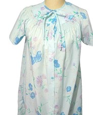Vintage Smock Robe Duster Gown Sz Small Blue Floral Snaps S/S Housecoat RN 17819