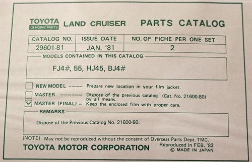 Toyota Land Cruiser Dealer Parts Catalog Microfiche 1981 BJ HJ & FJ 40 55 Models