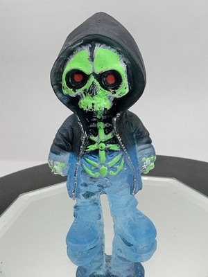 Handcrafted Resin Urban Skull Art Toy Figurine Green & Translucent Blue Gothic