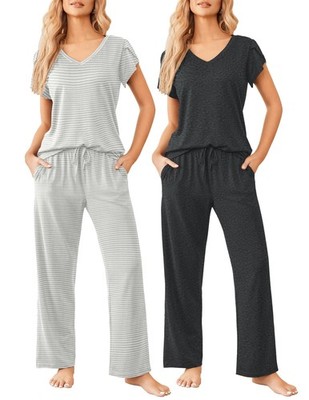 2 Pack Womens Pajamas Short Sleeve Sleepwear Top with Pants Super-Soft Printe...
