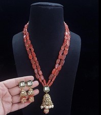 Rust Orange Bead Necklace Set with Ivory Drop  Matching Earrings
