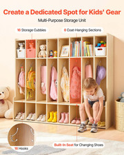 Kids Coat Locker 8-Section Wooden Cubby Organizer 16 Hooks Daycare Home