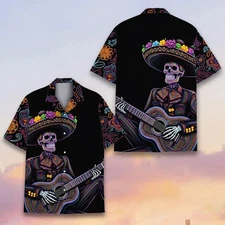 "Halloween Shirt Day of the Dead Skeleton Guitar Neon Print Button Down"