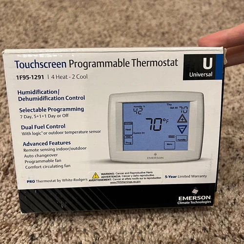 Emerson 1F95-1291 7-Day Touchscreen Thermostat with Humidity Control White