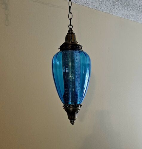 BLUE Vintage Turquoise Falkenstein Glass Hanging Light Swag Lamp Retro Antique