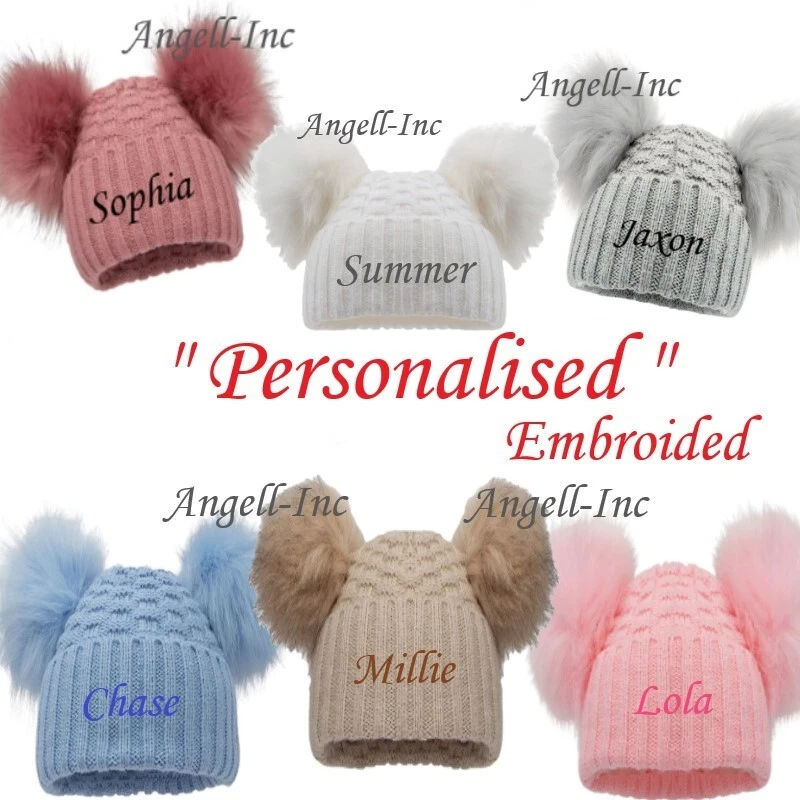 WINTER HAT PERSONALISED BABY FUR POM POM HAT KNITTED WINTER WHITE PINK BLUE GREY GIFT