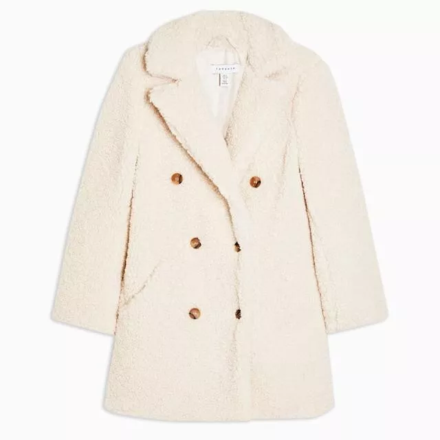 TOPSHOP UK SIZE 10 12 TEDDY FUR BORG PEA COAT EU 38 US 6 OFF WHITE