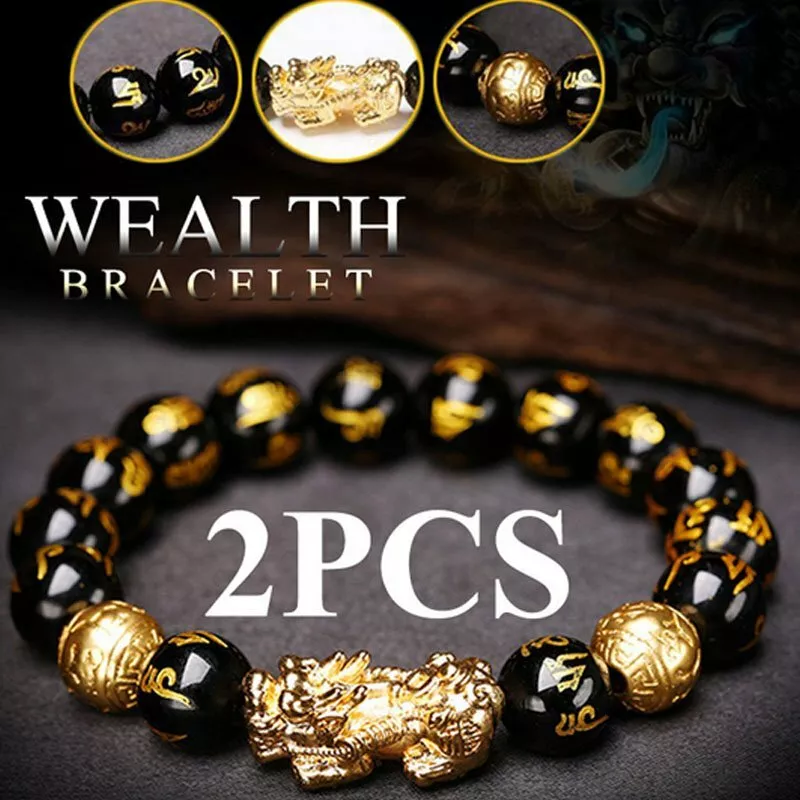 Buy AFIYA Feng Shui Black Obsidian Pixiu Bracelet with Double Gold Plated Pi  Xiu and Om Mani (10 mm, 12 beads size) Pack of 1 at Amazon.in