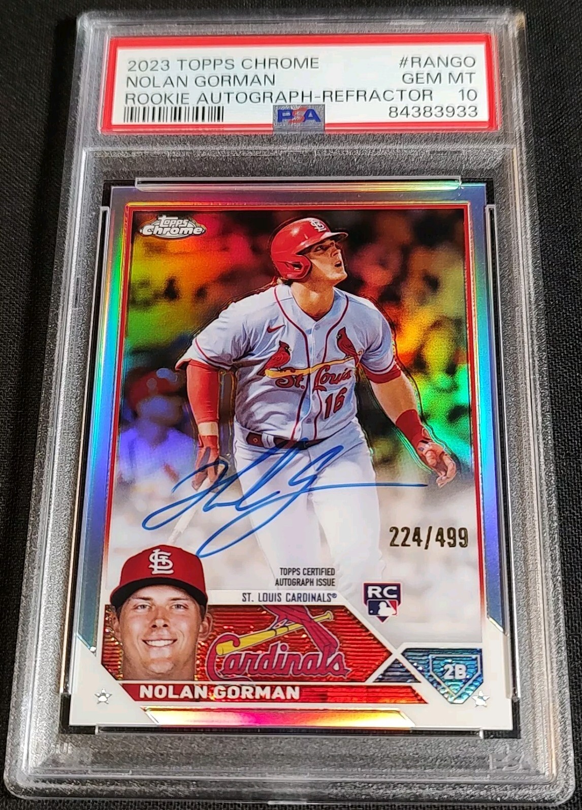PSA 10 RC AUTO /499 NOLAN GORMAN REFRACTOR TRUE ROOKIE #RA-NGO 2023 Topps Chrome