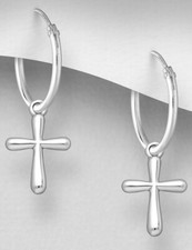 Solid Sterling Silver Tiny Cross Dangle Endless Hoop Earrings 1.1" 28mm Long1.4g