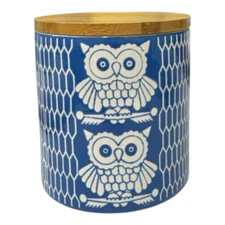 Now Designs Royal Blue Owls Jar Canister Wooden Lid Silicone Seal NWOT Medium