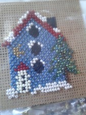 Mill Hill Holiday Pin Counted Glass Bead/Button SNOW CAPPED BIRDHOUSE. Completed