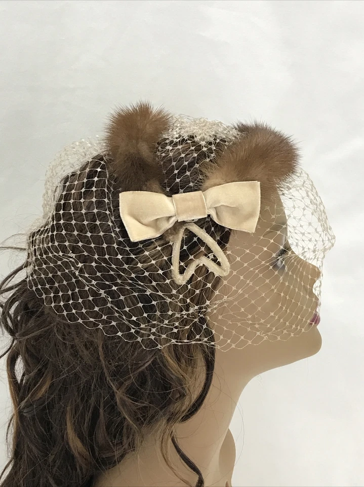 Sombrero velo mujer vintage 20s 30s 40s 50s 60s beige marfil terciopelo lazos red piel visón Foto 2 de 4