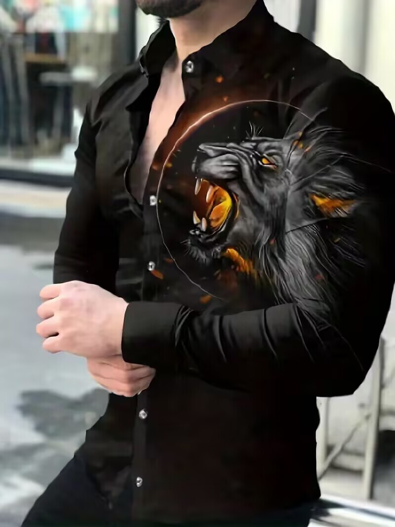 Button Up Shirts Long Sleeve Black Lion Graphic Casual Vintage