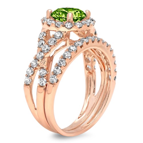 2.40 Round Halo Natural Peridot Wedding Statement Ring set 14k Rose Pink Gold - Picture 11 of 11