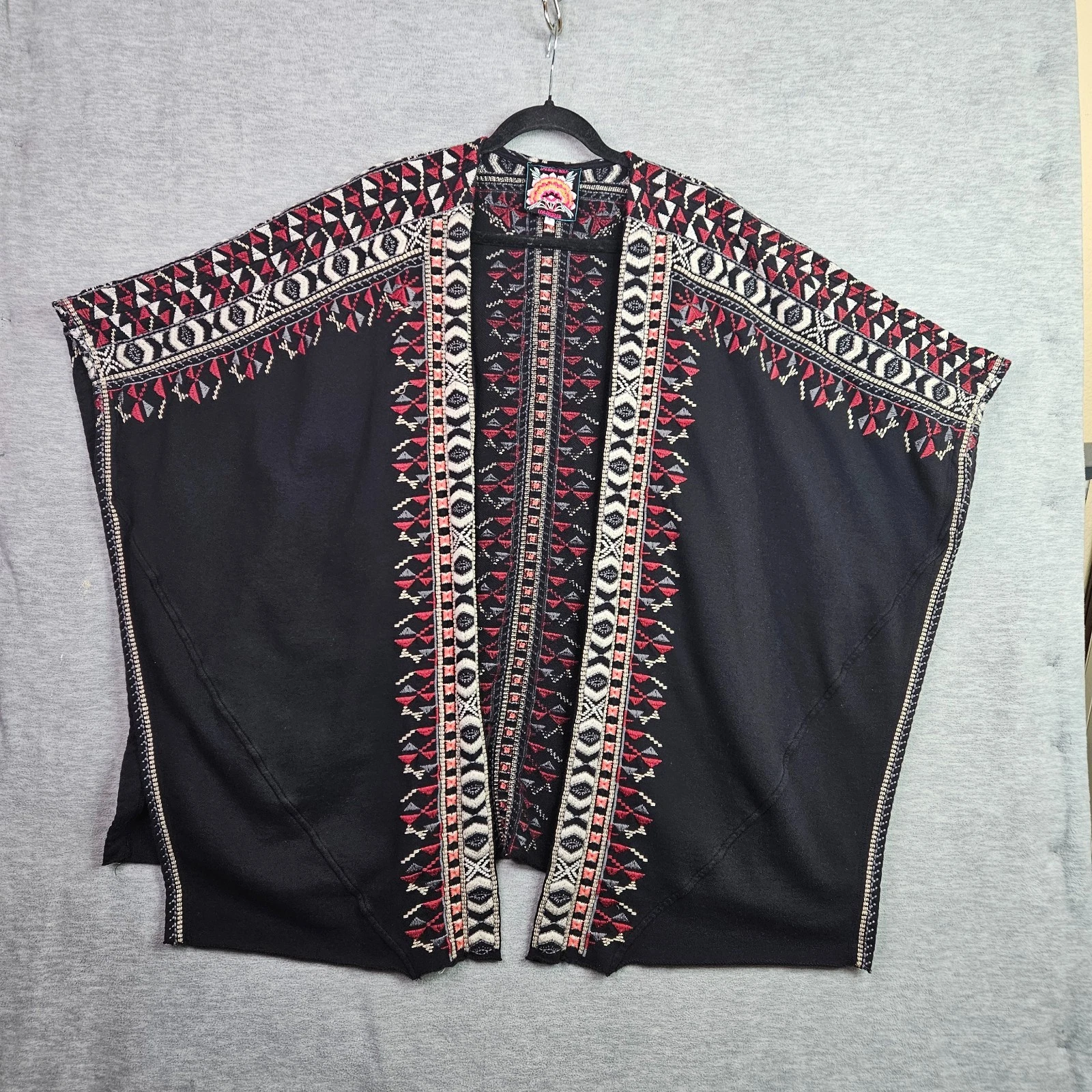 Johnny Was Sz 1X Black Maroon Embroidered Boho Open Front Poncho Cardigan Jacket
