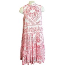 Calvin Klein Women's Red White Paisley Tiered Mock Neck Sleeveless Dress Size 8