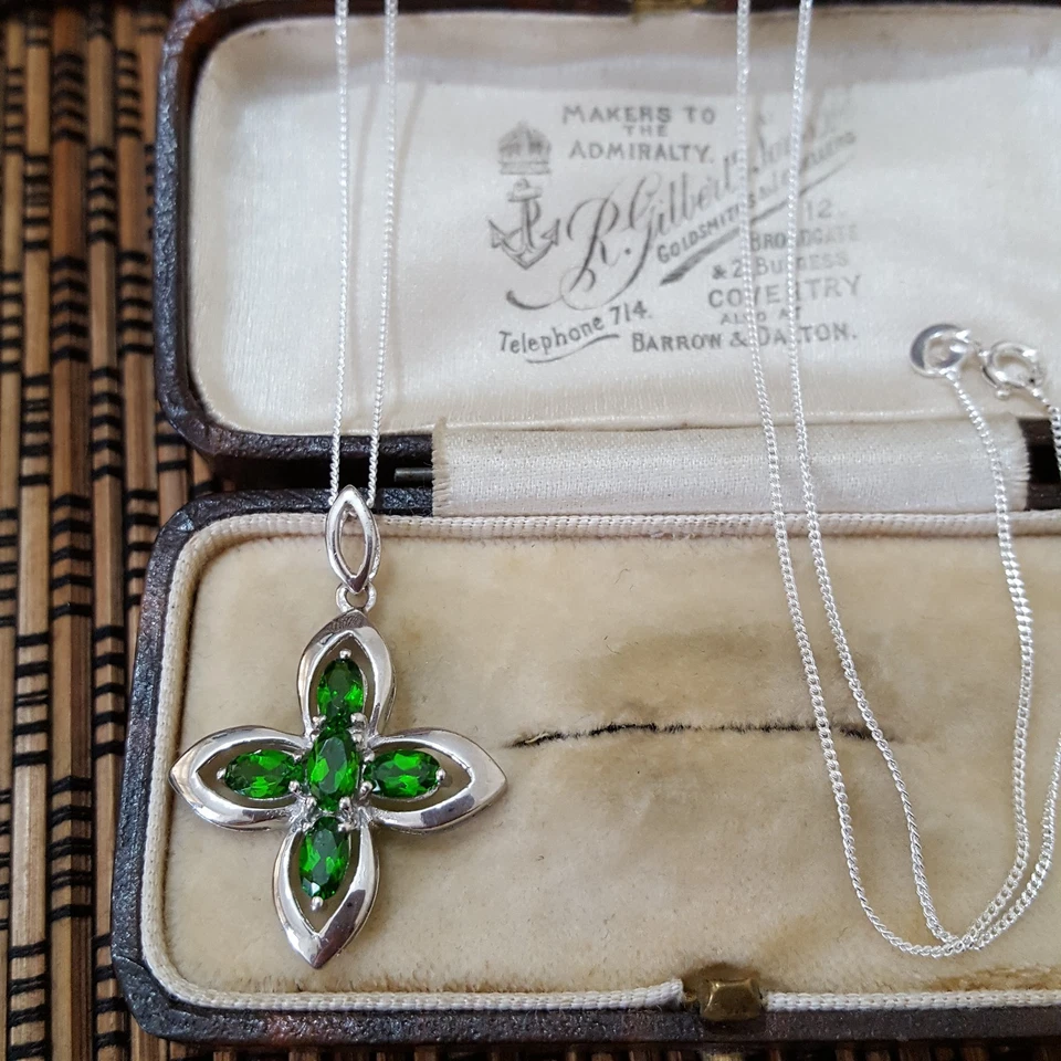 925 Пробы ожерелье, подлинный зеленый диопсид подвеска, цветочный кулон - Изображение 4 из 4