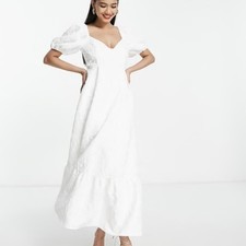ASOS DESIGN White jacquard Puff Sleeve coquette Midi Dress Size 8