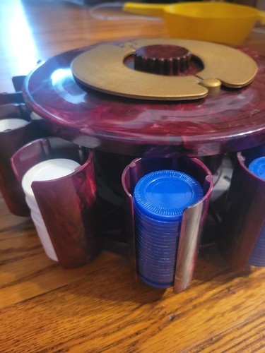VINTAGE Turnit Carosel POKER CHIP CADDY 1950'S Swirled Bakelite W/ Chips Cards