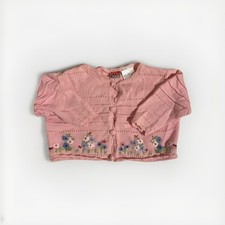 VTG Baby Cardigan 12M Pink Embroidered Scalloped Floral Knit Button