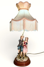 Vintage Figurative Table Lamp with Fringe Shade Neutral Tones Victorian Style