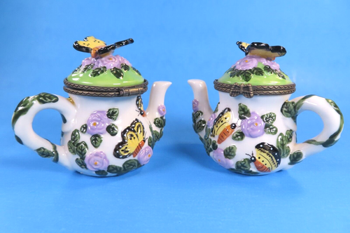 (2) Mini Ceramic Butterfly Teapot Hinged Trinket Boxes 2.75" Tall - Picture 1 of 16