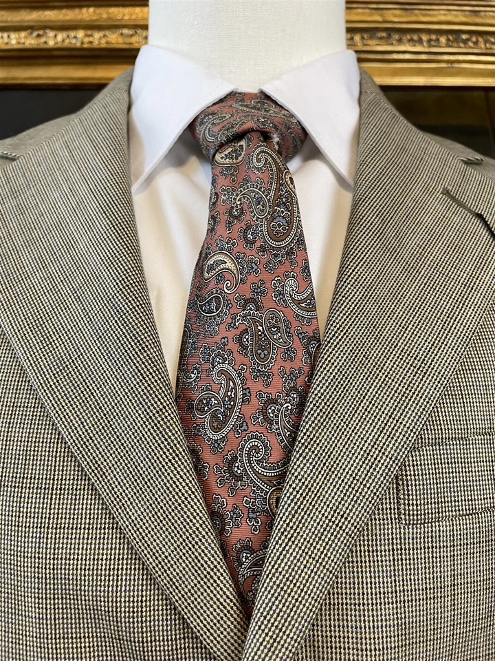 Blazer Andrew Fezza 36R Lana Worsted Beige Azul Marrón Micro Estampado 3Btn Nuevo con Etiquetas Foto 4 de 4