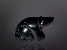 Large 4” Native Zuni Carved Jet Stone Frog Fetish Signed By Tyler Quam (d.)