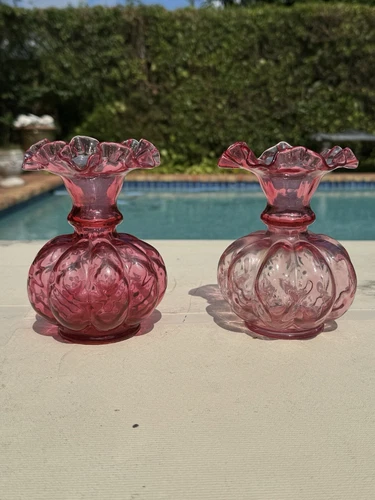 Pair of Antique Fenton Art Glass Pink Cranberry Bubble Mellon Ruffled 6” Vases