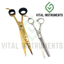 2 Pcs Professional Grooming Scissors Curved 8.5" Gold Finish  Blender 6.75"