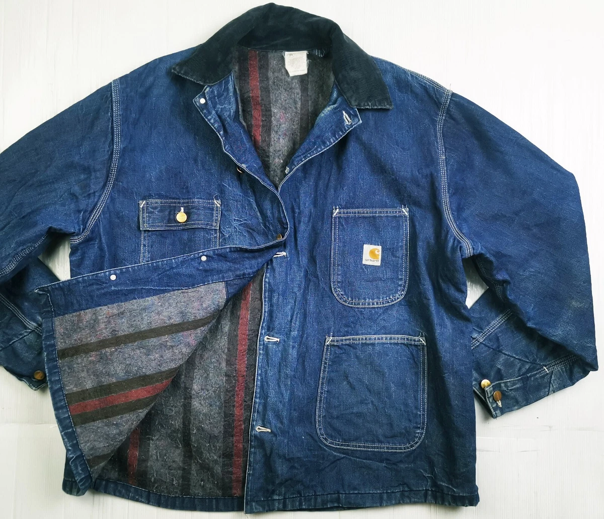 HOT VTG Men CARHARTT CHORE BARN WORKWEAR PARKA BLANKET LINED Denim