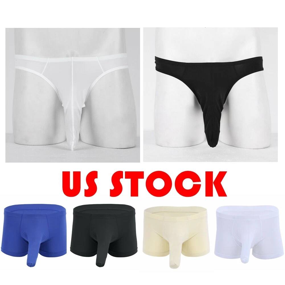 Men Silky Long Sheath Briefs Bulge Pouch T-back Boxer Shorts