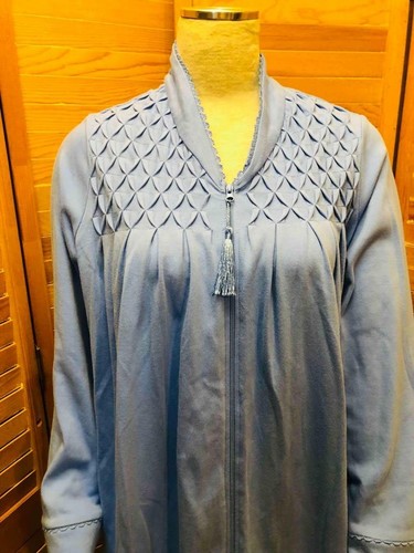 Appleseed's Blue Long Lounge Housecoat Gown Pinch Pleated & Lace Cotton Blend PL - Picture 2 of 10