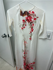 White Pink Yellow Ao Dai Vietnamese Silk Long Dress with Pants Flowers Size Smal