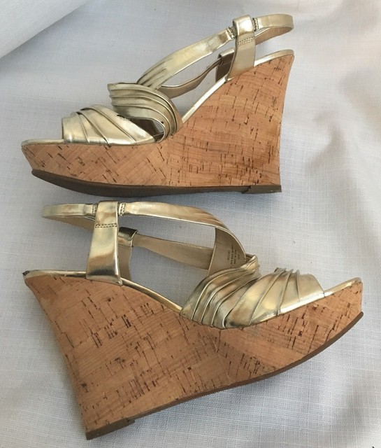 Shoes GUESS Cork Wedge 4 3/4 Heel Sandals GOLD METALLIC STRAPPY Slingback 8 1/2 | eBay