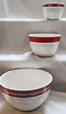 Retro Crate & Barrel Pottery Art White/Red Peppermint Stripes Nesting Bowls  EUC