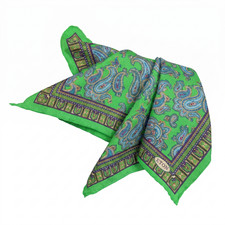 NWT Eton Woven Green w Blue Paisley Print Linen Pocket Square Italy 13"