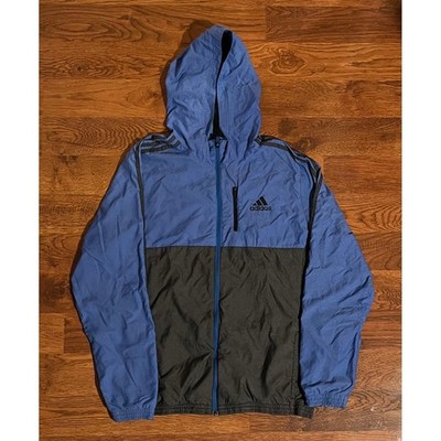 Adidas Hooded Windbreaker Jacket Blue Black Full Zip Athleisure Mens Large