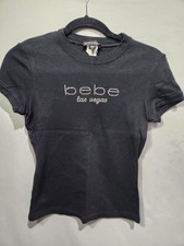 Y2K BEBE SPORT Crystal Chest Logo Las Vegas Black Top Stretchy Size SMALL