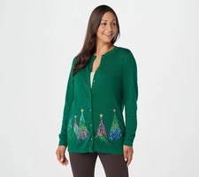 Quacker Factory Women's Top Sweater Sz L Embroidered Sequin & Stud Green A284434