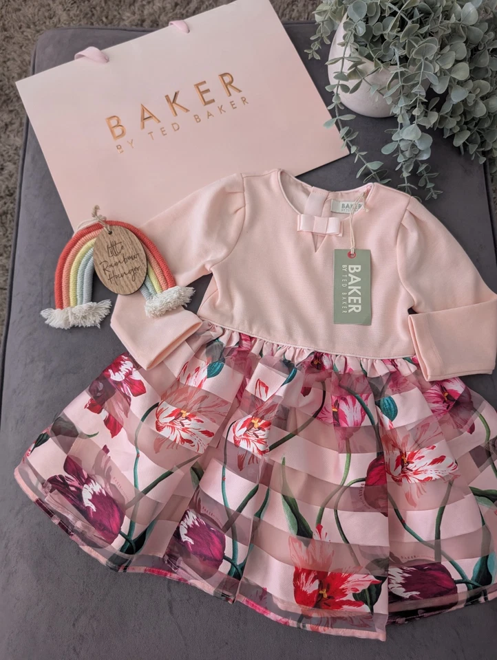 New Ted Baker Baby Girls Pleated Roses Pink Occasion Dress Floaty 18-24m Gift - Image 4 of 4