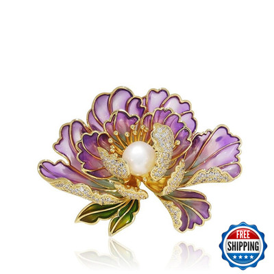 Gigb Pbdk Dainty Flower Brooch Pins For Women Graceful Cubic Zircon Peony Pearl