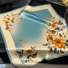 100 Pure Silk Small Scarf Women Neckerchief Bandana Blue Beige Flowers 53 53cm