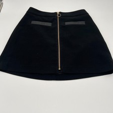 Express Black Mini Skirt, gold front zipper, faux leather trim pockets 6 sz