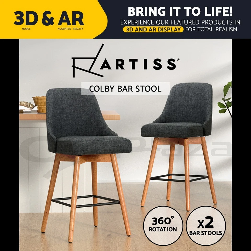 Artiss 2x Bar Stools Kitchen Dining Chairs Swivel Linen Stool Wooden Charcoal