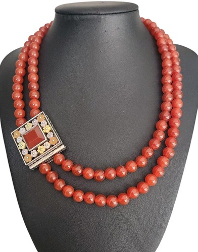 Signierte CGI 925 Sterling Silber floraler Verschluss roter Karneol Edelstein Perlenkette - Bild 1 von 17