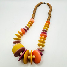Vintage Colorful Wood Disc Bead Necklace Boho Chunky Statement Retro Jewelry