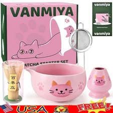 Complete Japanese Matcha Tea Set Bamboo Whisk Bowl Scoop Sifter Holder Kit New