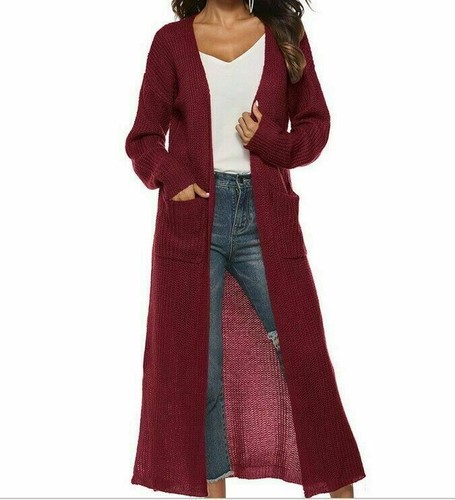 Damen Langarm volle Länge Maxi Cardigan Staubtuch vorne offen Pullover Mantel - Bild 16 von 19